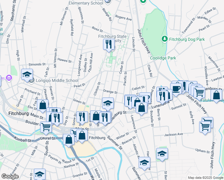 map of restaurants, bars, coffee shops, grocery stores, and more near 165 Highland Avenue in Fitchburg