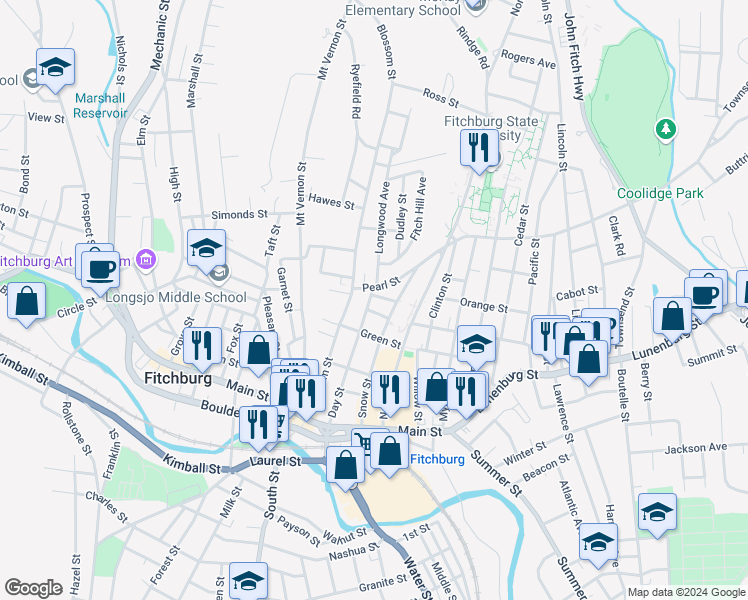 map of restaurants, bars, coffee shops, grocery stores, and more near 167 Blossom Street in Fitchburg