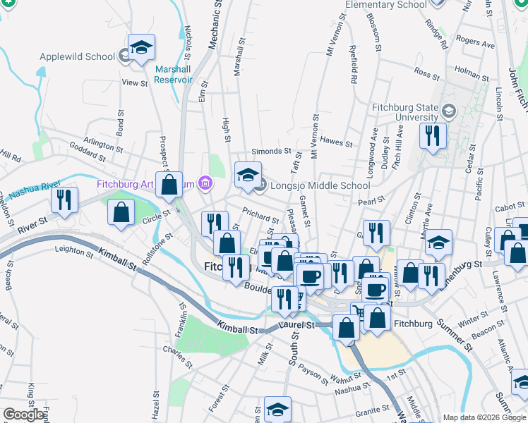 map of restaurants, bars, coffee shops, grocery stores, and more near 98 Academy Street in Fitchburg