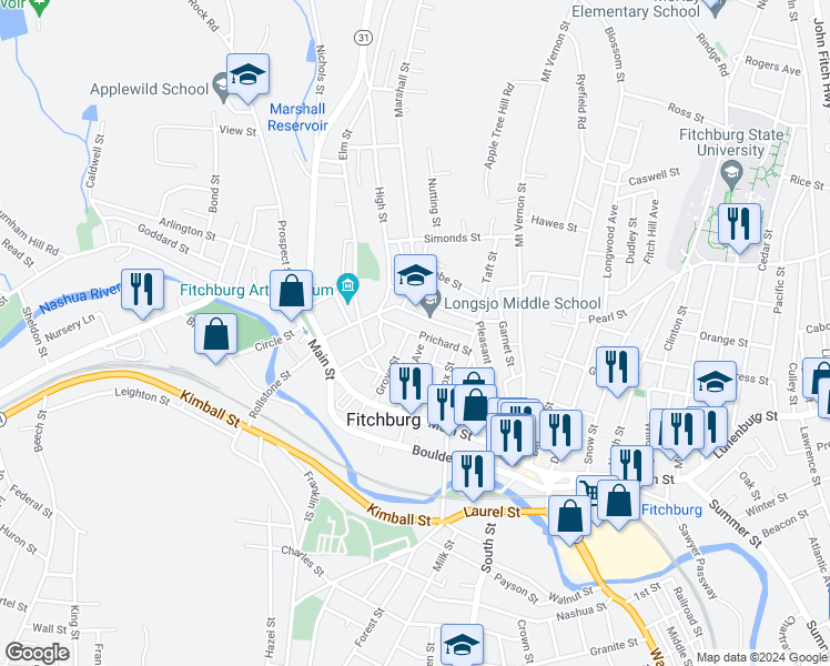 map of restaurants, bars, coffee shops, grocery stores, and more near 98 Academy Street in Fitchburg
