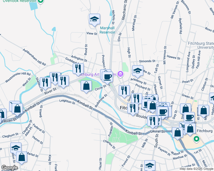 map of restaurants, bars, coffee shops, grocery stores, and more near 881 Main Street in Fitchburg