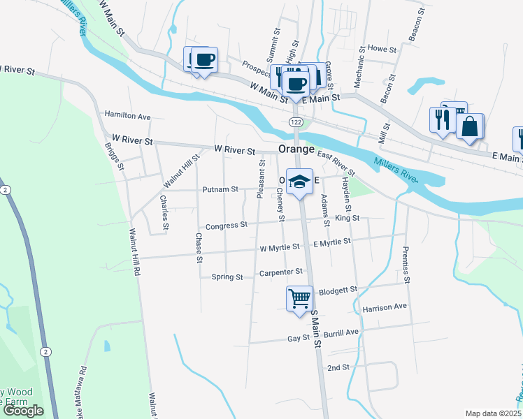 map of restaurants, bars, coffee shops, grocery stores, and more near 52 Pleasant Street in Orange
