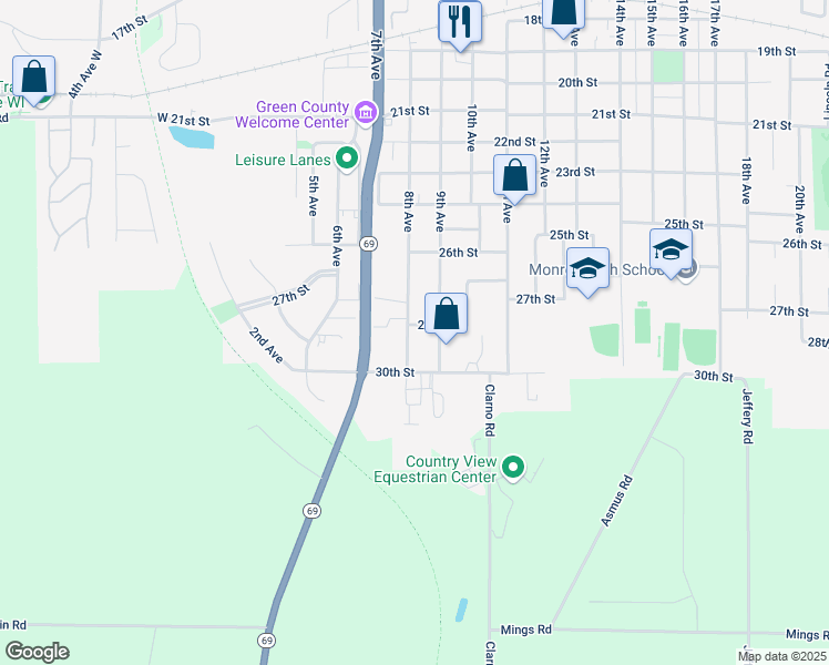 map of restaurants, bars, coffee shops, grocery stores, and more near 2641 9th Avenue in Monroe