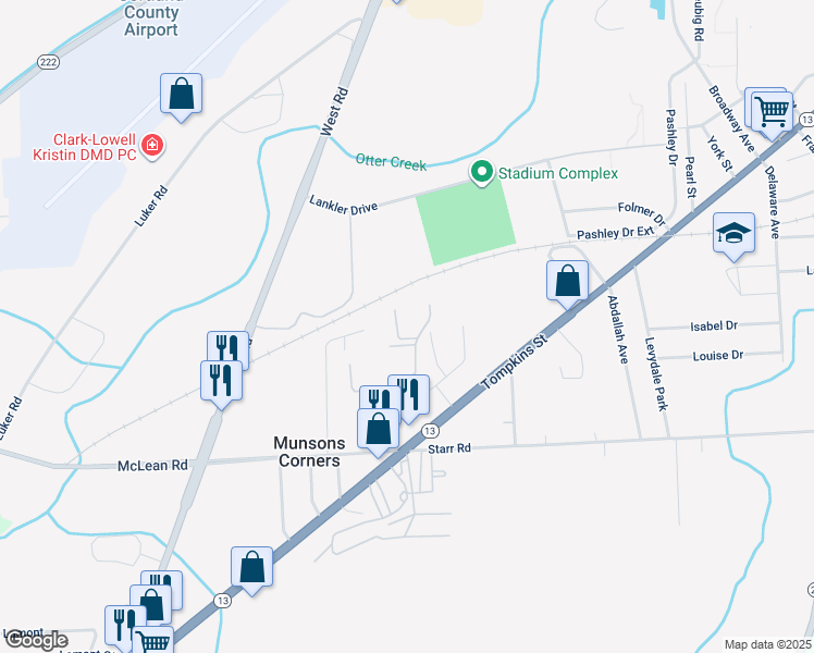 map of restaurants, bars, coffee shops, grocery stores, and more near 126 Chelsea Drive in Cortland