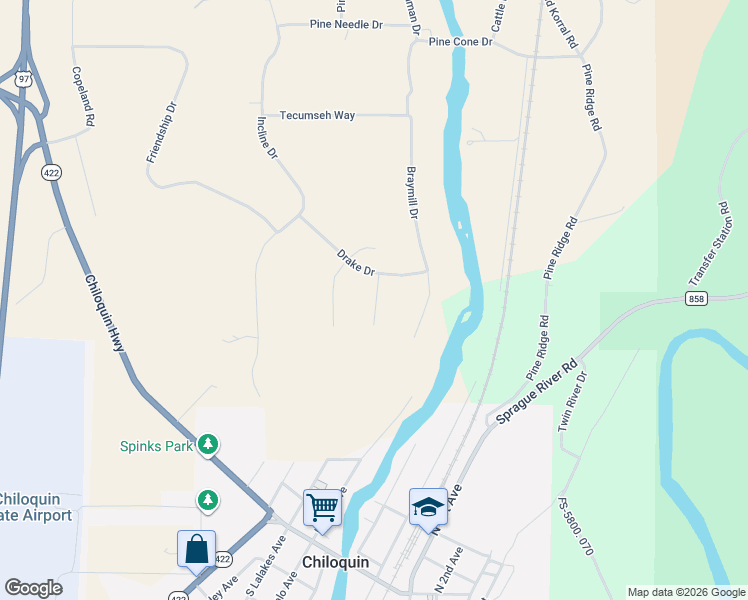 map of restaurants, bars, coffee shops, grocery stores, and more near 1242 Drake Drive in Chiloquin