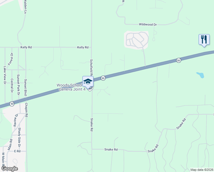 map of restaurants, bars, coffee shops, grocery stores, and more near N2568 Snake Road in Lake Geneva