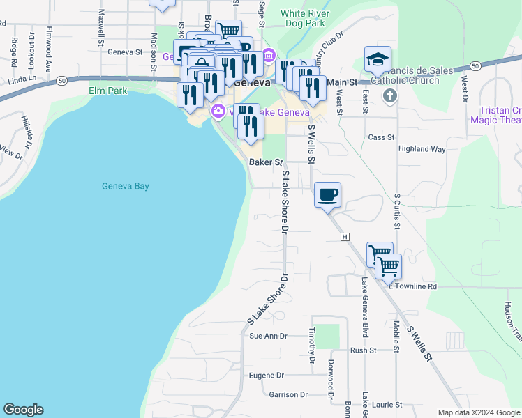 map of restaurants, bars, coffee shops, grocery stores, and more near 550 South Lake Shore Drive in Lake Geneva