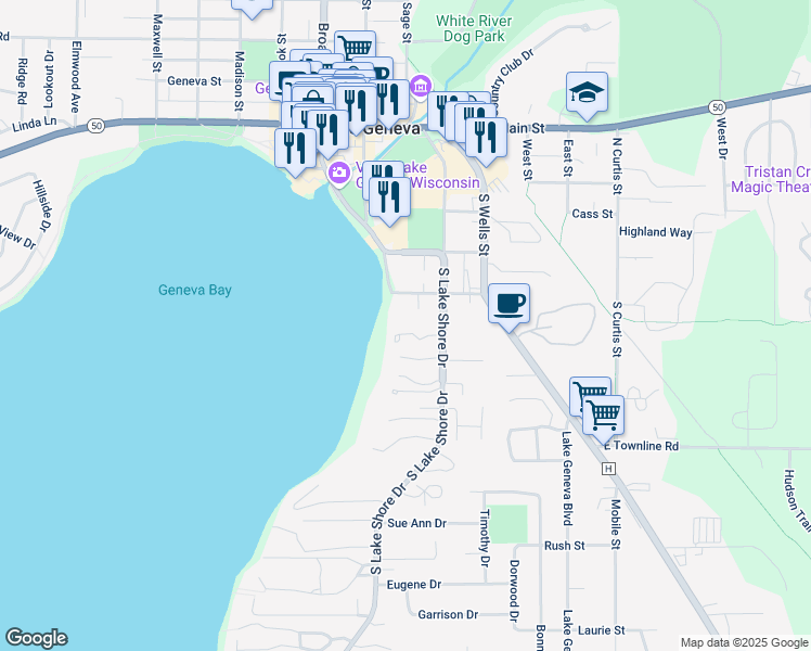 map of restaurants, bars, coffee shops, grocery stores, and more near 550 South Lake Shore Drive in Lake Geneva