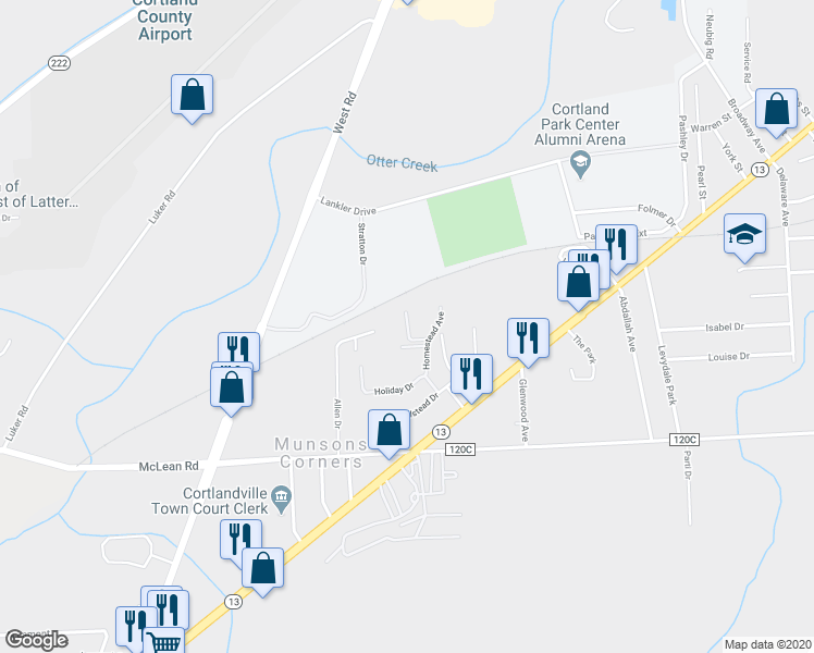 map of restaurants, bars, coffee shops, grocery stores, and more near 133 Chelsea Drive in Cortland