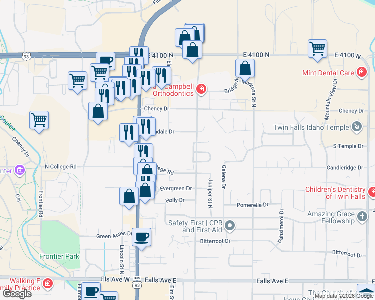 map of restaurants, bars, coffee shops, grocery stores, and more near 1367 Locust Street North in Twin Falls