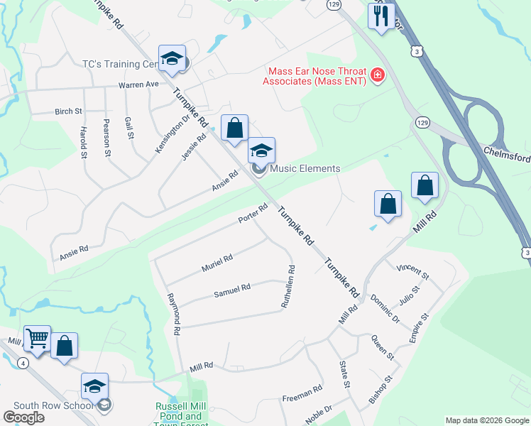 map of restaurants, bars, coffee shops, grocery stores, and more near 2 Porter Road in Chelmsford
