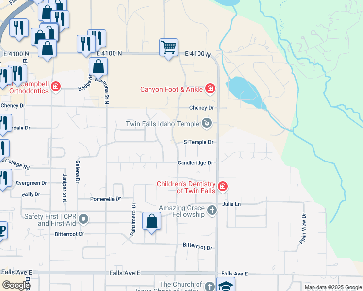 map of restaurants, bars, coffee shops, grocery stores, and more near 1410 Mountain View Drive in Twin Falls