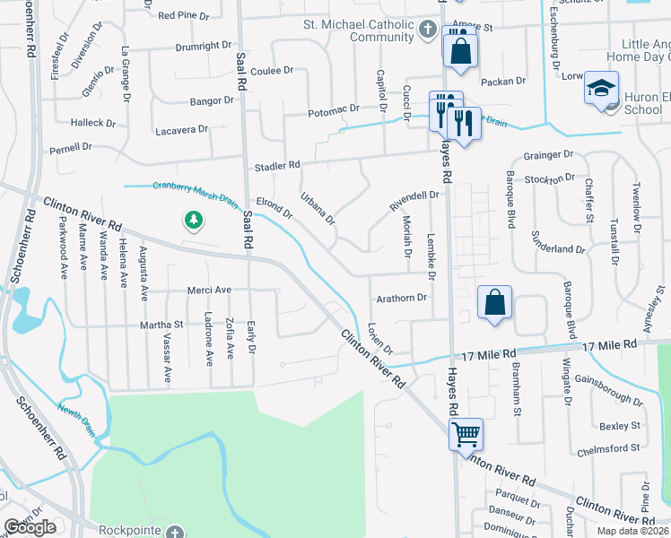 map of restaurants, bars, coffee shops, grocery stores, and more near 39510 Urbana Drive in Sterling Heights