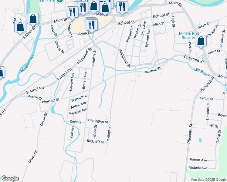 map of restaurants, bars, coffee shops, grocery stores, and more near 498 Cottage Street in Athol