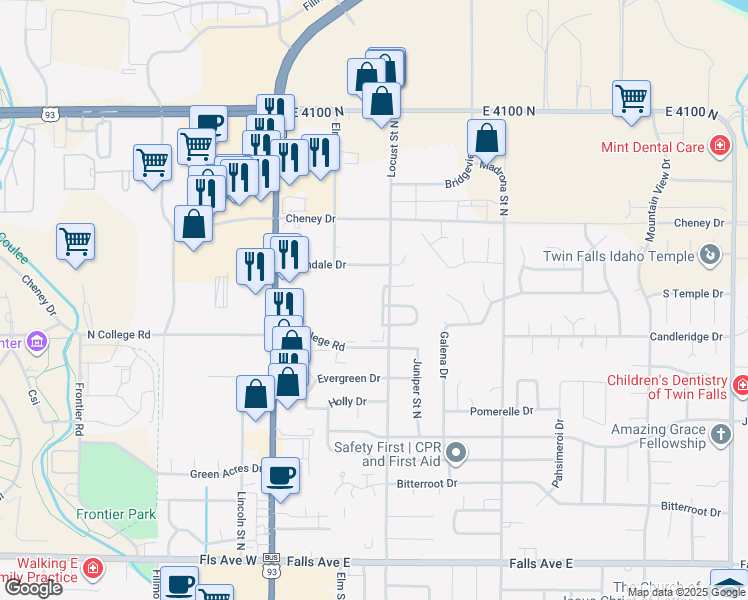 map of restaurants, bars, coffee shops, grocery stores, and more near 1367 Locust Street North in Twin Falls
