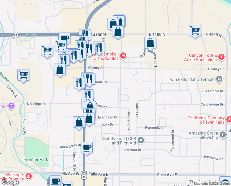 map of restaurants, bars, coffee shops, grocery stores, and more near 1367 Locust Street North in Twin Falls