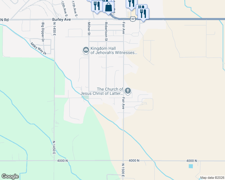 map of restaurants, bars, coffee shops, grocery stores, and more near 941 Robertson Street in Buhl