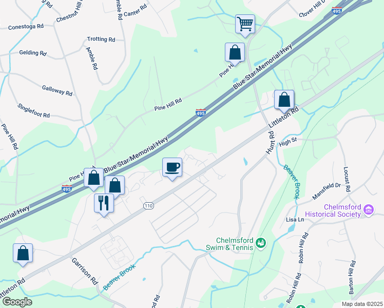 map of restaurants, bars, coffee shops, grocery stores, and more near 267 Littleton Road in Chelmsford
