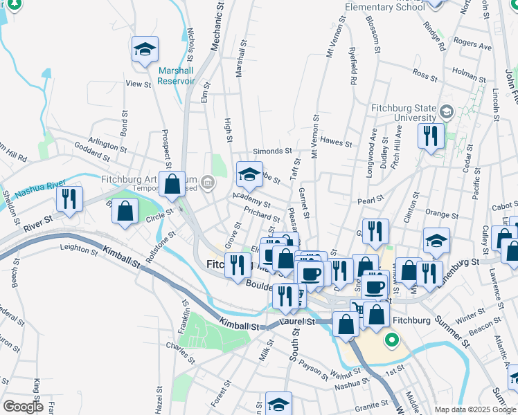 map of restaurants, bars, coffee shops, grocery stores, and more near 98 Academy Street in Fitchburg