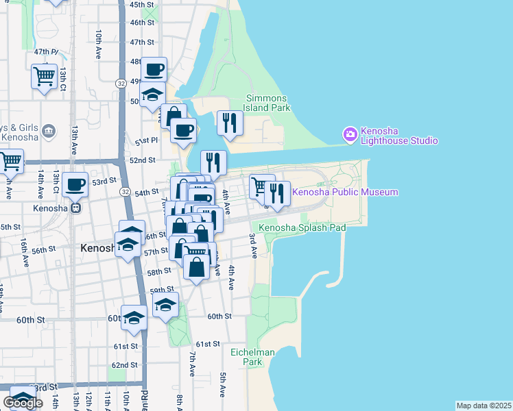 map of restaurants, bars, coffee shops, grocery stores, and more near 5524 2nd Avenue in Kenosha