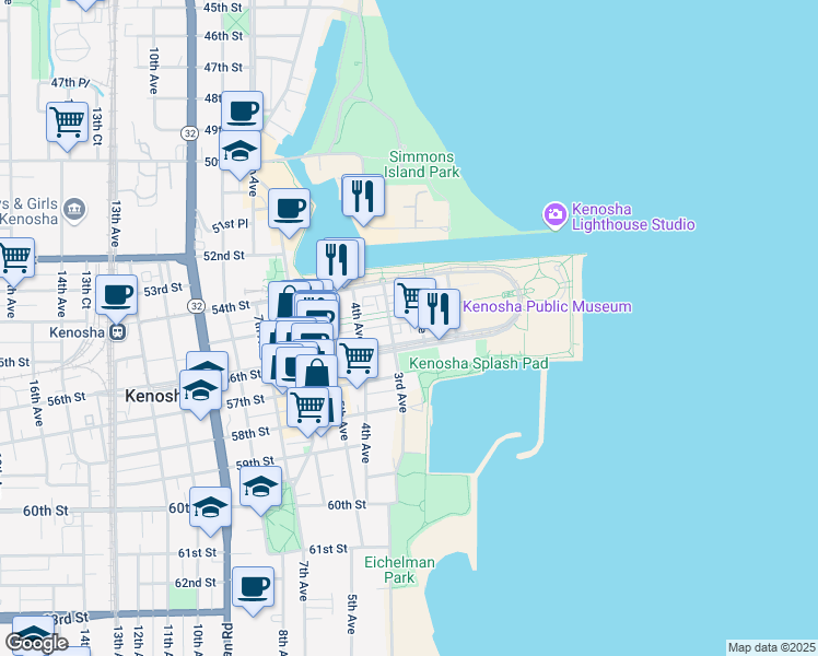map of restaurants, bars, coffee shops, grocery stores, and more near 209 55th Street in Kenosha