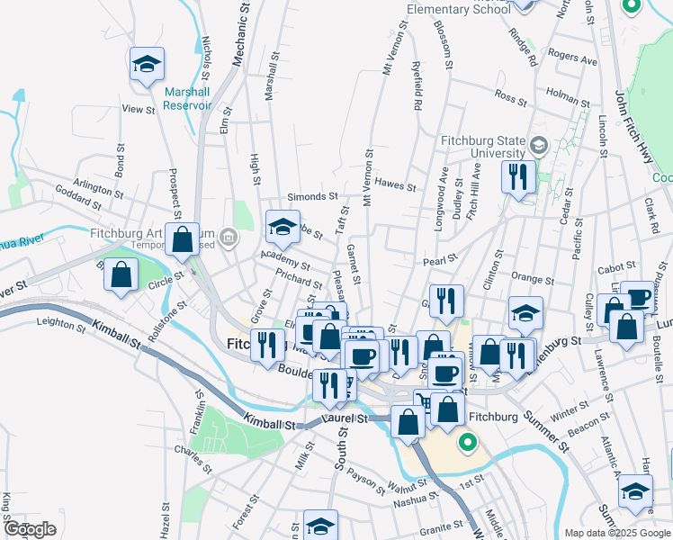 map of restaurants, bars, coffee shops, grocery stores, and more near 61 Pleasant Street in Fitchburg