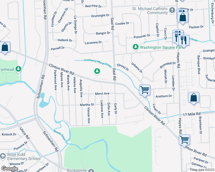 map of restaurants, bars, coffee shops, grocery stores, and more near 39458 Ladrone Court in Sterling Heights