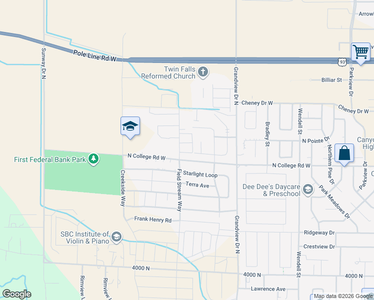 map of restaurants, bars, coffee shops, grocery stores, and more near 1075 Misty Meadows Trail in Twin Falls
