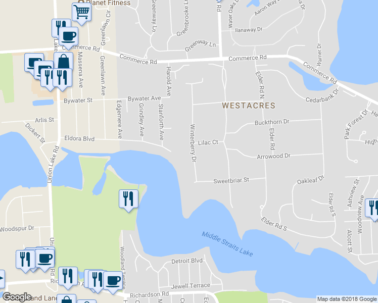 map of restaurants, bars, coffee shops, grocery stores, and more near 3438 Winterberry Drive in West Bloomfield Township