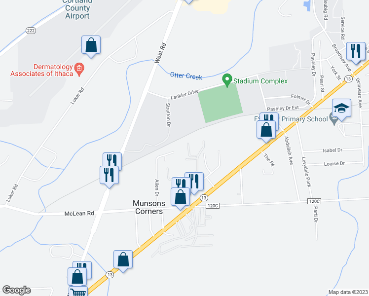map of restaurants, bars, coffee shops, grocery stores, and more near 153 Chelsea Drive in Cortland