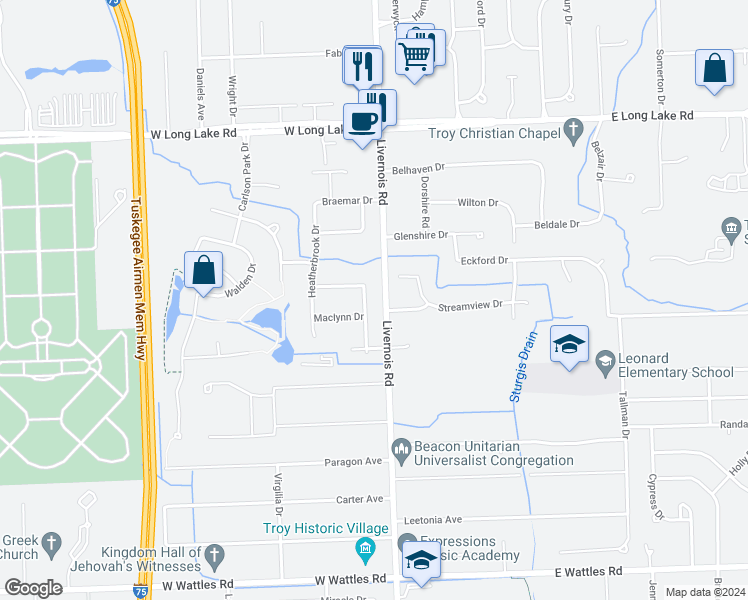 map of restaurants, bars, coffee shops, grocery stores, and more near 4660 Bonniebrook Drive in Troy