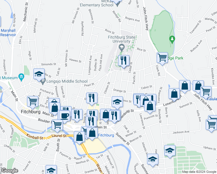 map of restaurants, bars, coffee shops, grocery stores, and more near 185 North Street in Fitchburg