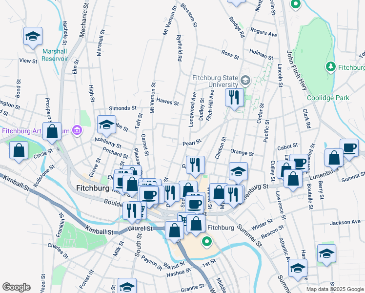 map of restaurants, bars, coffee shops, grocery stores, and more near 167 Blossom Street in Fitchburg