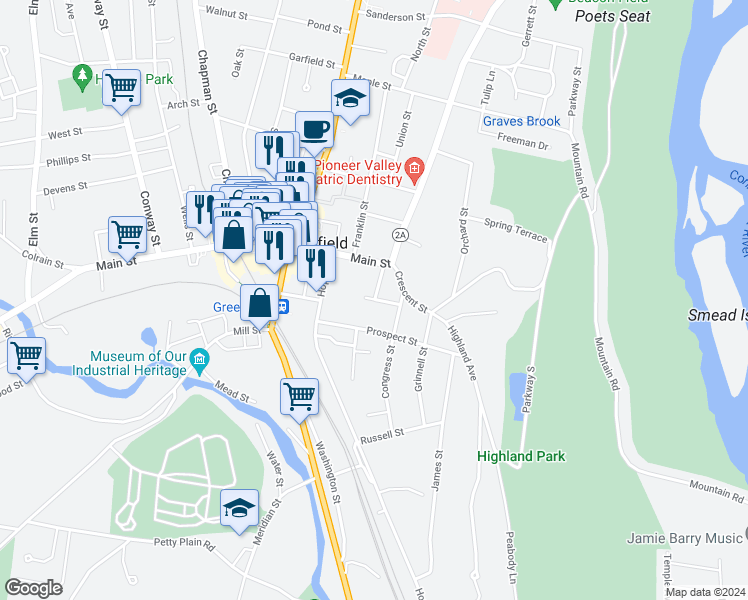 map of restaurants, bars, coffee shops, grocery stores, and more near 463 Main Street in Greenfield