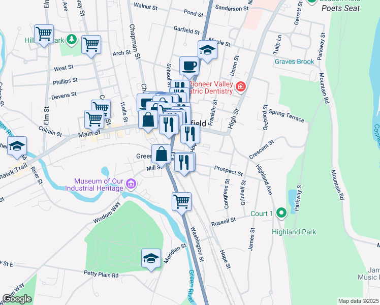 map of restaurants, bars, coffee shops, grocery stores, and more near 1-45 Hope St in Greenfield