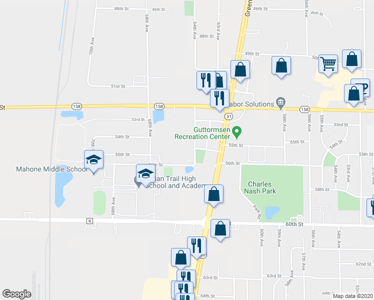 map of restaurants, bars, coffee shops, grocery stores, and more near 5430 64th Avenue in Kenosha