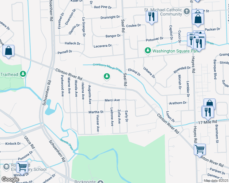 map of restaurants, bars, coffee shops, grocery stores, and more near 39458 Ladrone Court in Sterling Heights