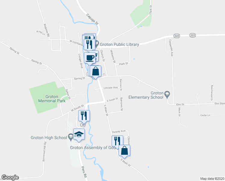 map of restaurants, bars, coffee shops, grocery stores, and more near 114 Lincoln Avenue in Groton