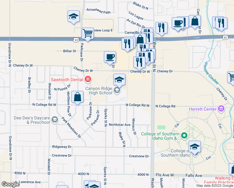 map of restaurants, bars, coffee shops, grocery stores, and more near 300 North College Road West in Twin Falls