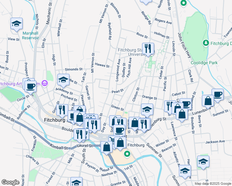 map of restaurants, bars, coffee shops, grocery stores, and more near 25 Wood Street in Fitchburg