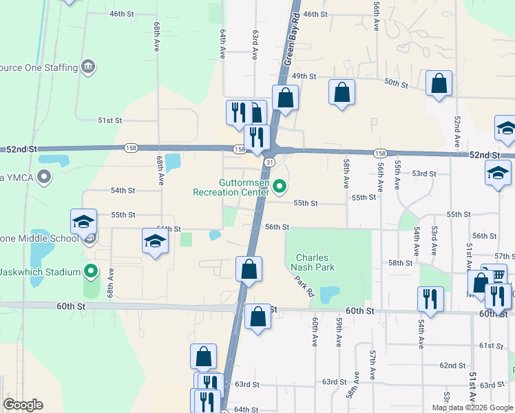 map of restaurants, bars, coffee shops, grocery stores, and more near 5454 Green Bay Road in Kenosha