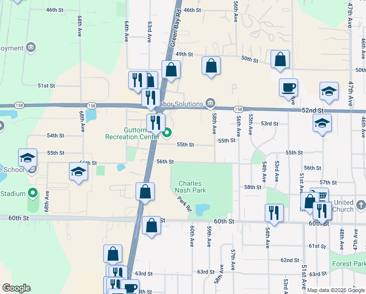 map of restaurants, bars, coffee shops, grocery stores, and more near 6025 55th Street in Kenosha