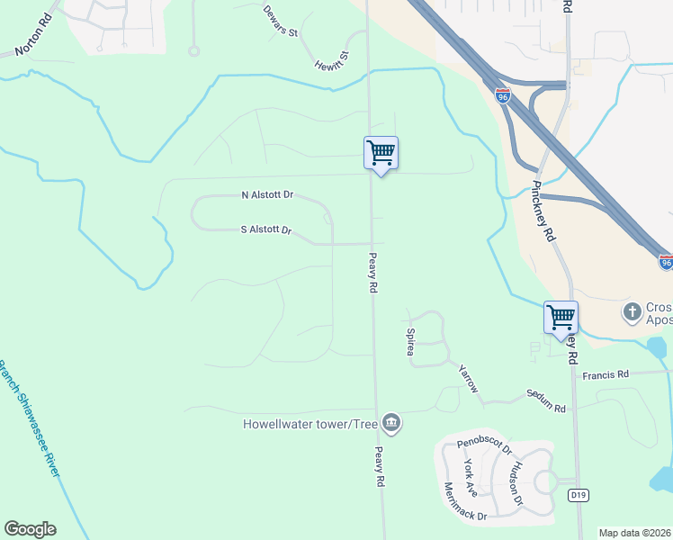 map of restaurants, bars, coffee shops, grocery stores, and more near 1222 Peavy Road in Howell