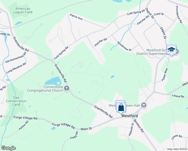 map of restaurants, bars, coffee shops, grocery stores, and more near 1 Woodridge Lane in Westford