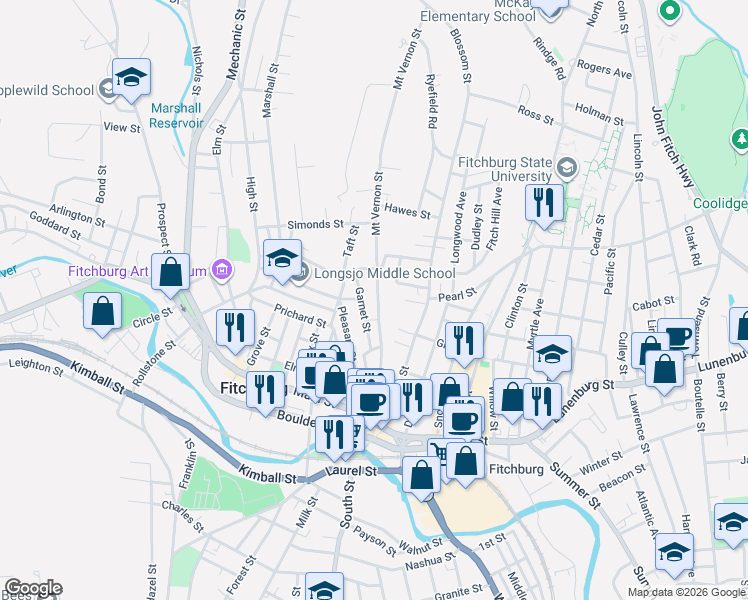map of restaurants, bars, coffee shops, grocery stores, and more near 35 Garnet Street in Fitchburg