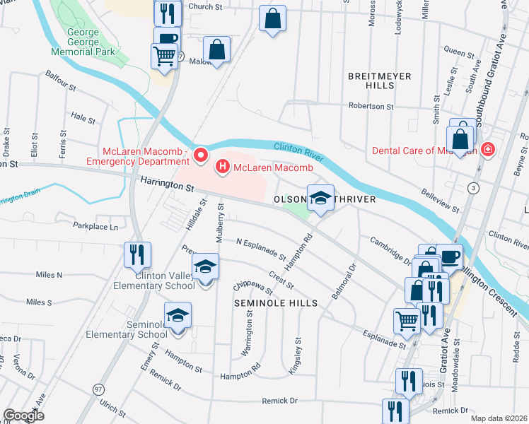 map of restaurants, bars, coffee shops, grocery stores, and more near 939 Harrington Street in Mount Clemens