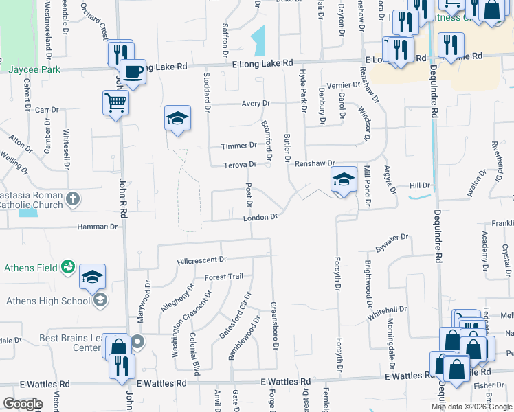 map of restaurants, bars, coffee shops, grocery stores, and more near 4549 Post Drive in Troy