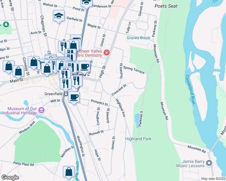 map of restaurants, bars, coffee shops, grocery stores, and more near 43 Crescent Street in Greenfield
