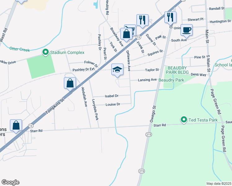 map of restaurants, bars, coffee shops, grocery stores, and more near 1253 Isabel Dr in Cortland