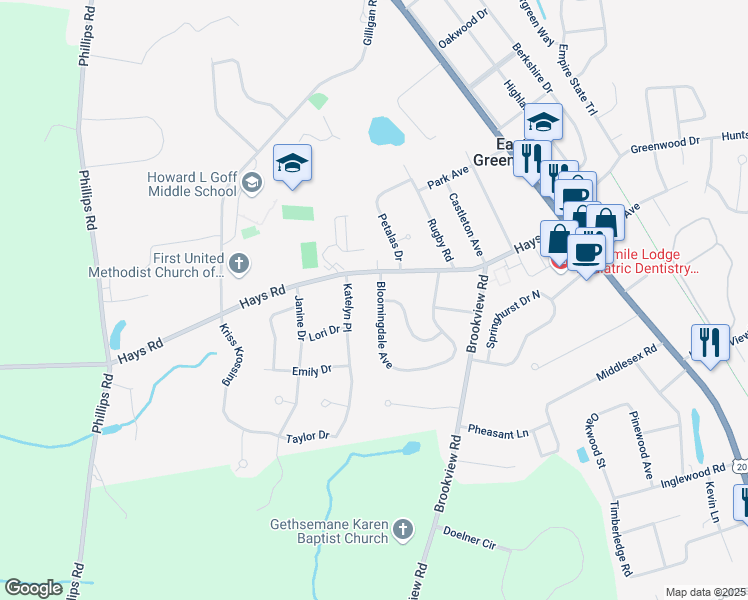 map of restaurants, bars, coffee shops, grocery stores, and more near 64 Bloomingdale Avenue in East Greenbush